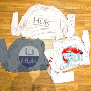 HUK LONG SLEEVE FISHING SHIRT BUNDLE OF 3 WHITE/GREY MENS: 2 MED&1 LARGE